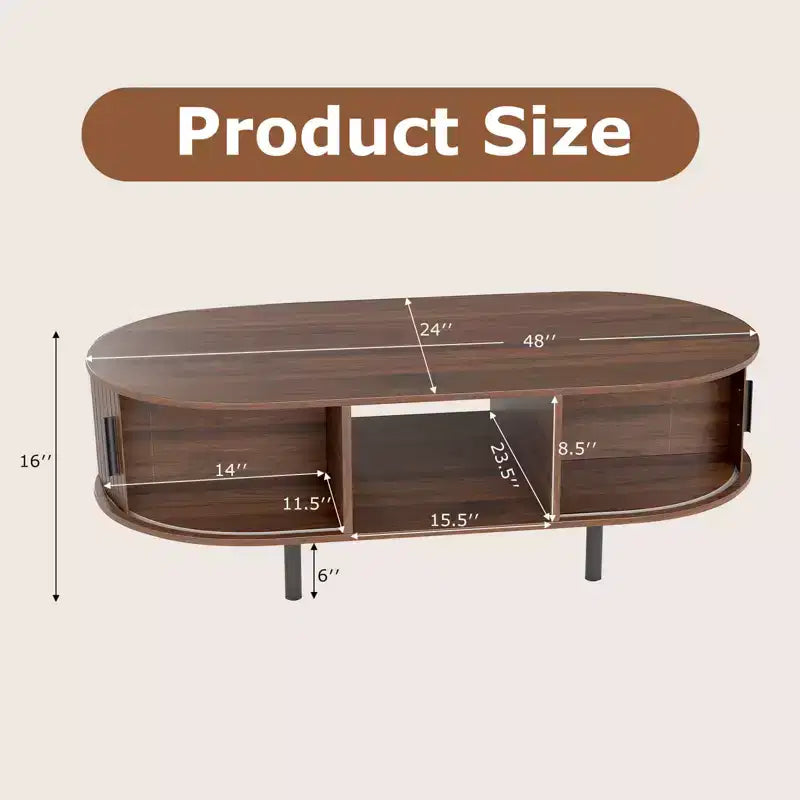 Table basse Mid-century 48, avec portes coulissantes cannelées et compartiment ouvert