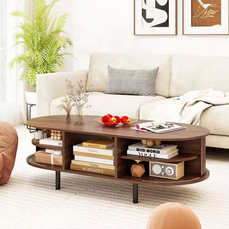 Table basse Mid-century 48, avec portes coulissantes cannelées et compartiment ouvert
