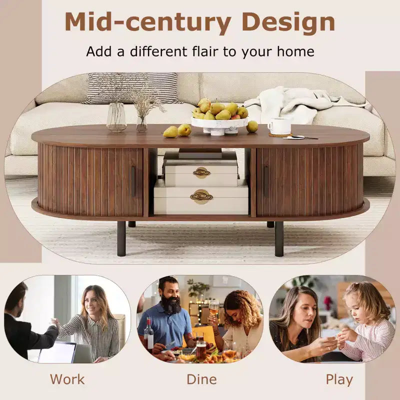 Table basse Mid-century 48, avec portes coulissantes cannelées et compartiment ouvert
