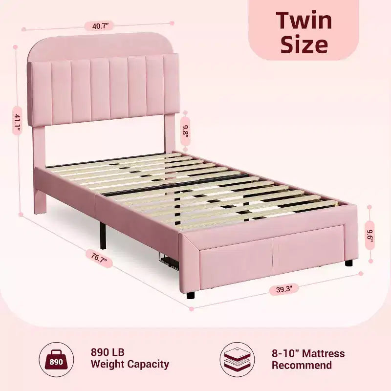Lit simple pour enfants, lit plateforme rembourré avec grand tiroir de rangement et tête de lit bibliothèque, lit silencieux et facile à assembler pour filles et garçons