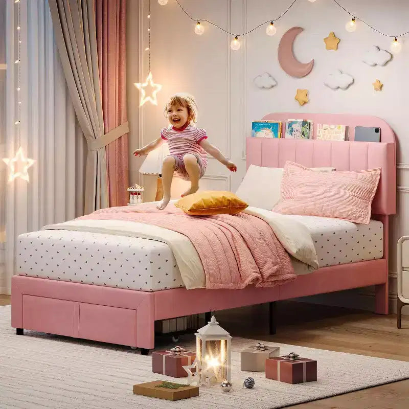 Lit simple pour enfants, lit plateforme rembourré avec grand tiroir de rangement et tête de lit bibliothèque, lit silencieux et facile à assembler pour filles et garçons