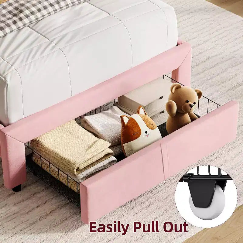 Lit simple pour enfants, lit plateforme rembourré avec grand tiroir de rangement et tête de lit bibliothèque, lit silencieux et facile à assembler pour filles et garçons