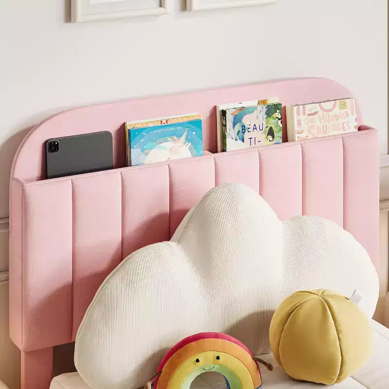 Lit simple pour enfants, lit plateforme rembourré avec grand tiroir de rangement et tête de lit bibliothèque, lit silencieux et facile à assembler pour filles et garçons
