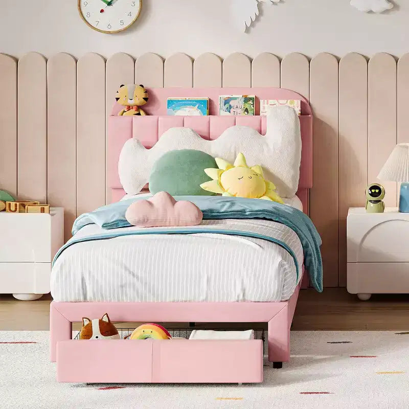 Lit simple pour enfants, lit plateforme rembourré avec grand tiroir de rangement et tête de lit bibliothèque, lit silencieux et facile à assembler pour filles et garçons