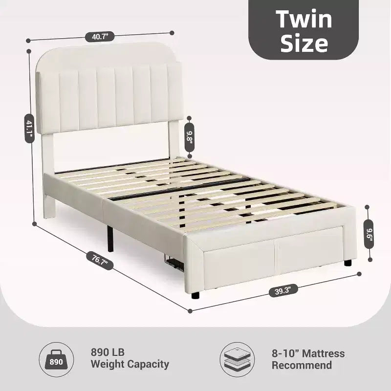 Lit simple pour enfants, lit plateforme rembourré avec grand tiroir de rangement et tête de lit bibliothèque, lit silencieux et facile à assembler pour filles et garçons