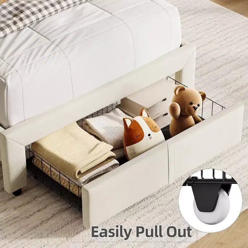 Lit simple pour enfants, lit plateforme rembourré avec grand tiroir de rangement et tête de lit bibliothèque, lit silencieux et facile à assembler pour filles et garçons