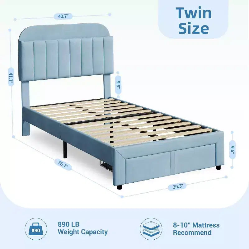 Lit simple pour enfants, lit plateforme rembourré avec grand tiroir de rangement et tête de lit bibliothèque, lit silencieux et facile à assembler pour filles et garçons