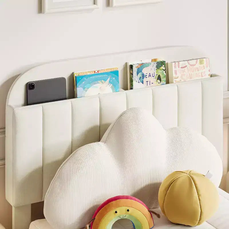 Lit simple pour enfants, lit plateforme rembourré avec grand tiroir de rangement et tête de lit bibliothèque, lit silencieux et facile à assembler pour filles et garçons