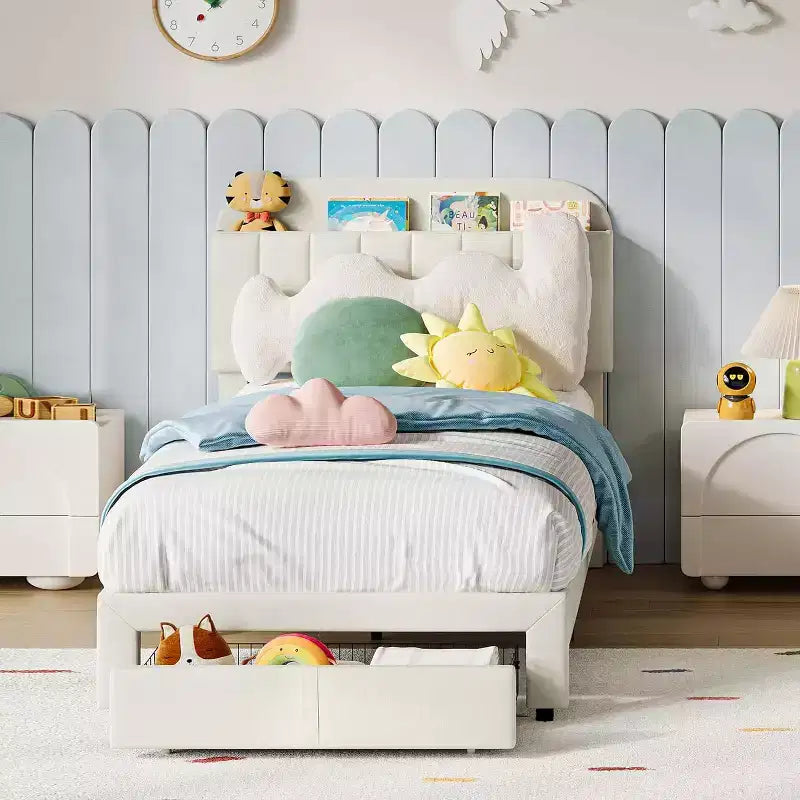 Lit simple pour enfants, lit plateforme rembourré avec grand tiroir de rangement et tête de lit bibliothèque, lit silencieux et facile à assembler pour filles et garçons