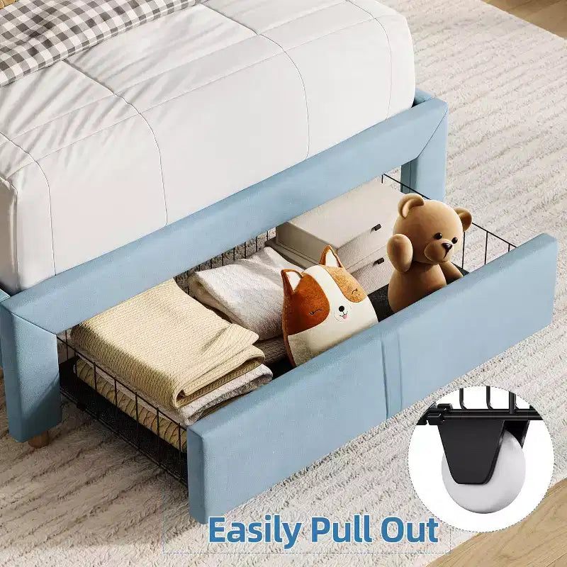 Lit simple pour enfants, lit plateforme rembourré avec grand tiroir de rangement et tête de lit bibliothèque, lit silencieux et facile à assembler pour filles et garçons