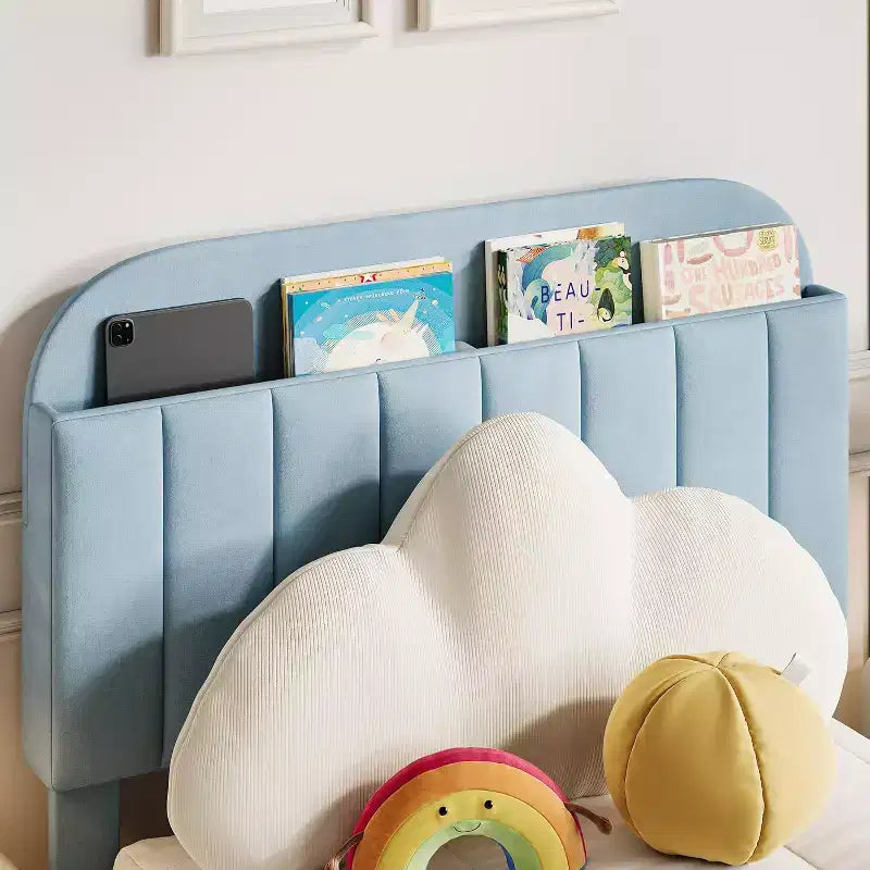 Lit simple pour enfants, lit plateforme rembourré avec grand tiroir de rangement et tête de lit bibliothèque, lit silencieux et facile à assembler pour filles et garçons