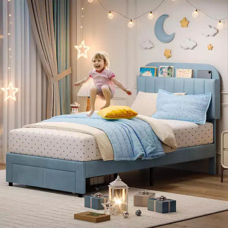 Lit simple pour enfants, lit plateforme rembourré avec grand tiroir de rangement et tête de lit bibliothèque, lit silencieux et facile à assembler pour filles et garçons