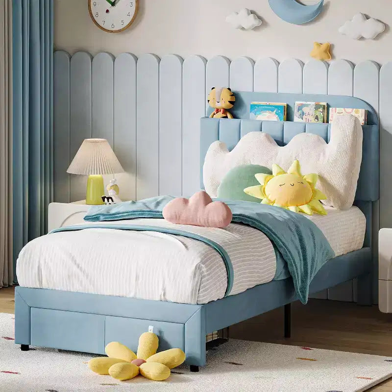 Twin Bed Frame for Kids, Upholstered Platform Bed with Large Storage Drawer and Bookcase Headboard, Noise-Free Easy Assembly Girls Boys Bed