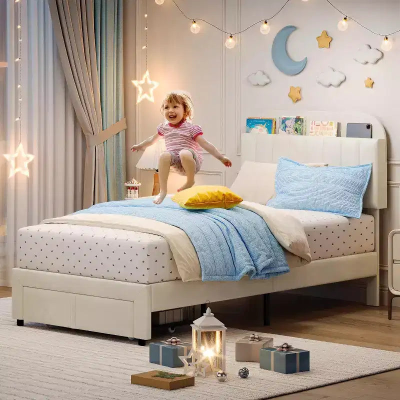 Lit simple pour enfants, lit plateforme rembourré avec grand tiroir de rangement et tête de lit bibliothèque, lit silencieux et facile à assembler pour filles et garçons
