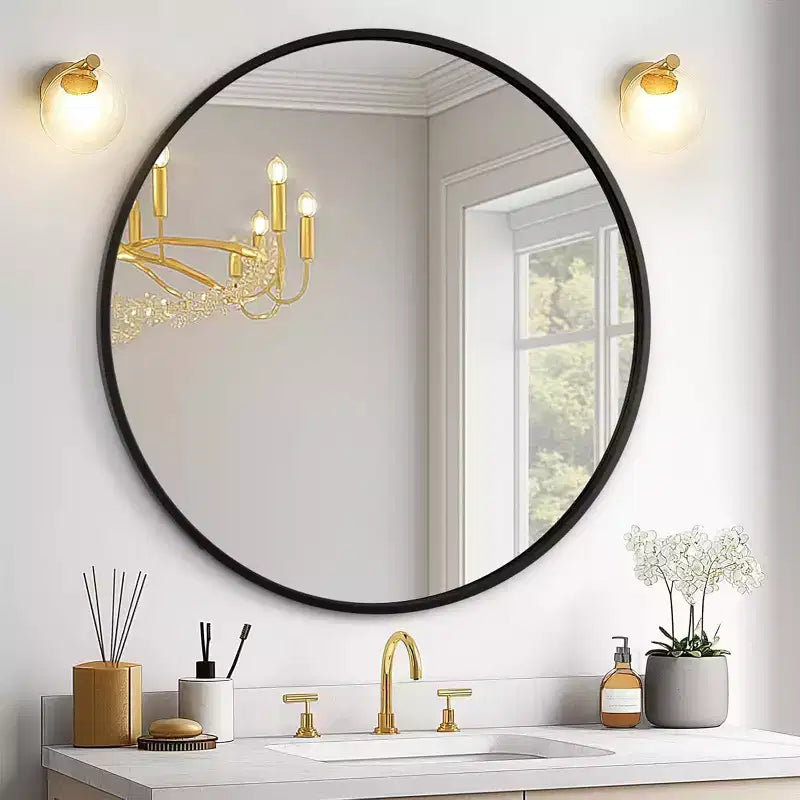 USHOWER Black Round Mirror for Over Sink 24-inch, Circle Bathroom Mirror, Metal Frame Vanity Mirror, Modern Wall Mirror for Entryway Living Room