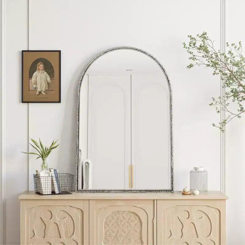 Miroir Rétro Ovale/Arqué en Fer Forgé, Miroir Effet Vieilli, Miroir Mural pour Décoration Salle de Bain/Chambre/Salon, Argent/Or