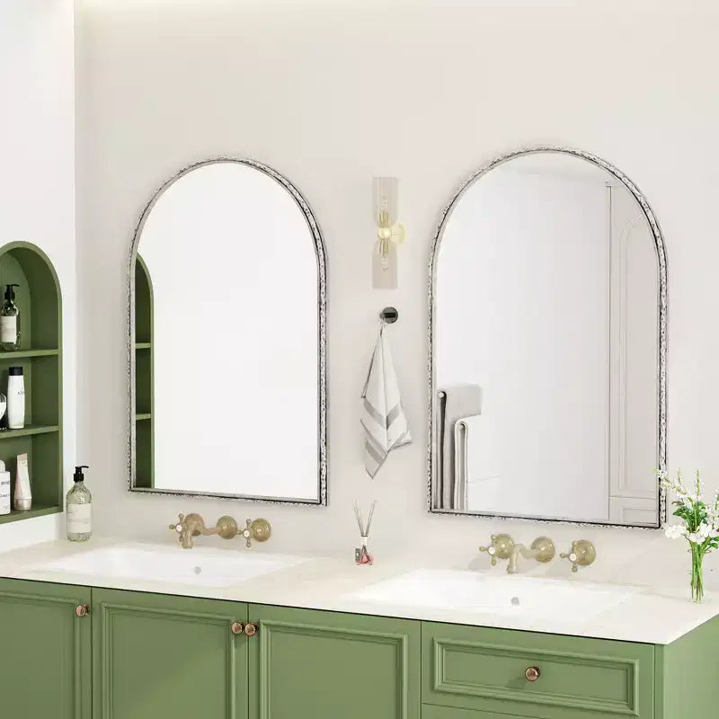 Miroir Rétro Ovale/Arqué en Fer Forgé, Miroir Effet Vieilli, Miroir Mural pour Décoration Salle de Bain/Chambre/Salon, Argent/Or
