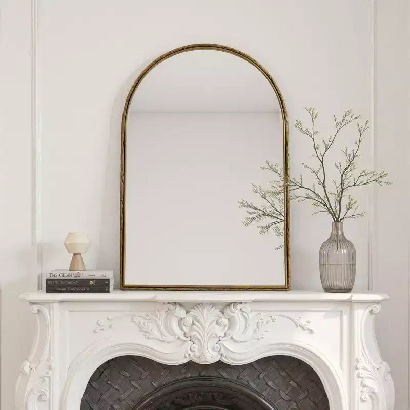 Miroir Rétro Ovale/Arqué en Fer Forgé, Miroir Effet Vieilli, Miroir Mural pour Décoration Salle de Bain/Chambre/Salon, Argent/Or