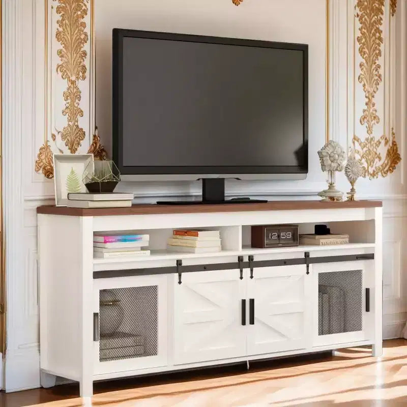 Meuble TV de ferme, meuble de divertissement rustique en bois avec portes coulissantes de grange et portes grillagées avec rangement pour salon, cuisine et salle à manger