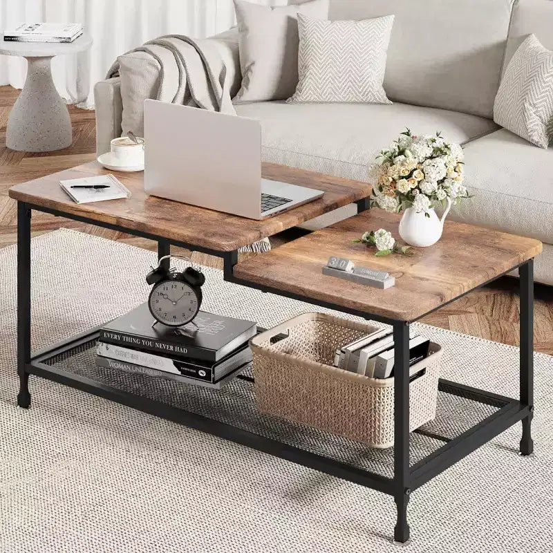 Coffee Table Industrial Living Room Table 2-Tier Rustic Center Table with Mesh Shelf Rectangle Storage Cocktail Table, Easy to Assemble, Rustic Brown