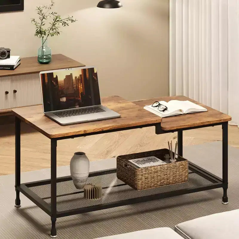 Table basse industrielle pour salon, table centrale rustique à 2 niveaux avec étagère grillagée, table basse rectangulaire de rangement, facile à assembler, marron rustique