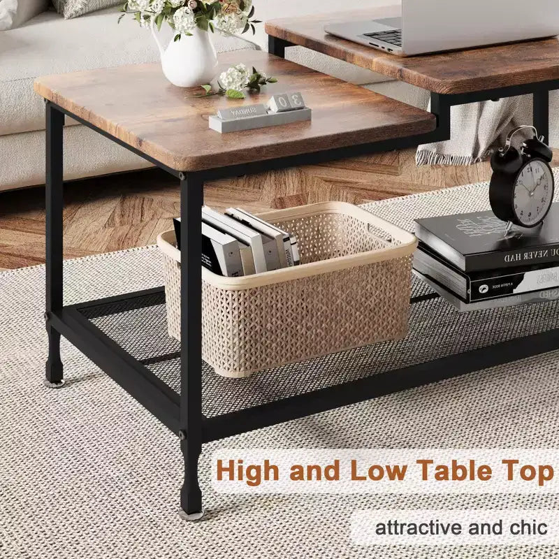 Table basse industrielle pour salon, table centrale rustique à 2 niveaux avec étagère grillagée, table basse rectangulaire de rangement, facile à assembler, marron rustique