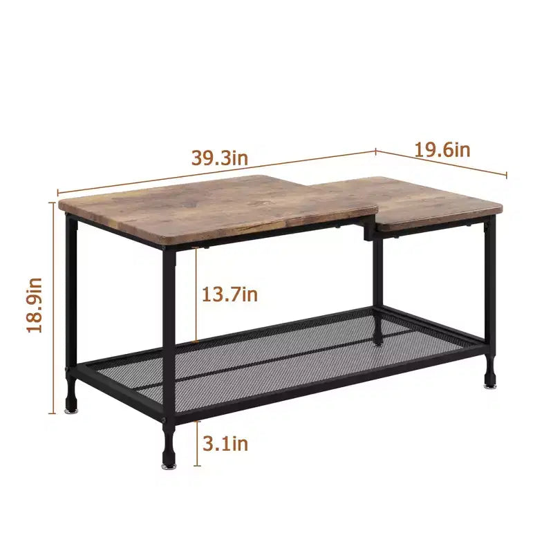 Table basse industrielle pour salon, table centrale rustique à 2 niveaux avec étagère grillagée, table basse rectangulaire de rangement, facile à assembler, marron rustique