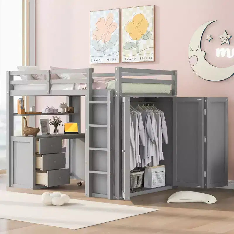 Lit mezzanine pleine grandeur avec 3 tiroirs de rangement, bureau et armoire