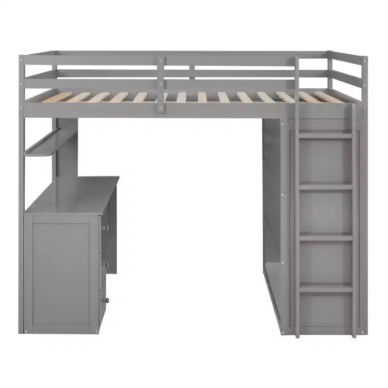 Lit mezzanine pleine grandeur avec 3 tiroirs de rangement, bureau et armoire