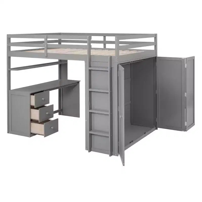 Lit mezzanine pleine grandeur avec 3 tiroirs de rangement, bureau et armoire