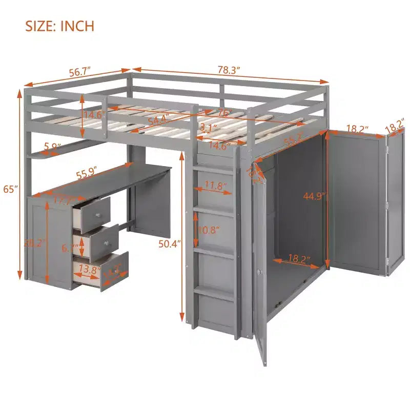 Lit mezzanine pleine grandeur avec 3 tiroirs de rangement, bureau et armoire