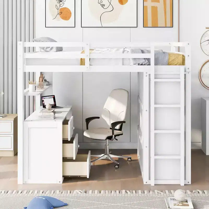 Lit mezzanine pleine grandeur avec 3 tiroirs de rangement, bureau et armoire