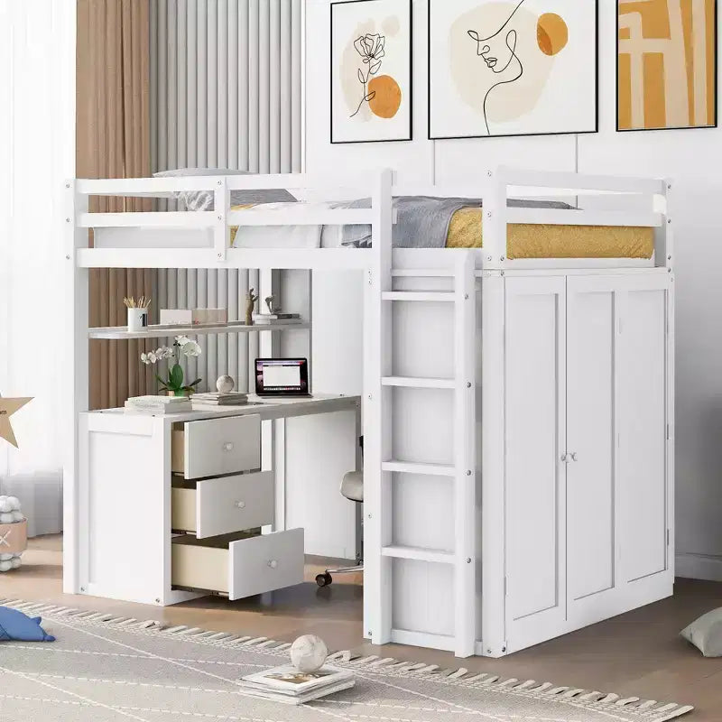Lit mezzanine pleine grandeur avec 3 tiroirs de rangement, bureau et armoire