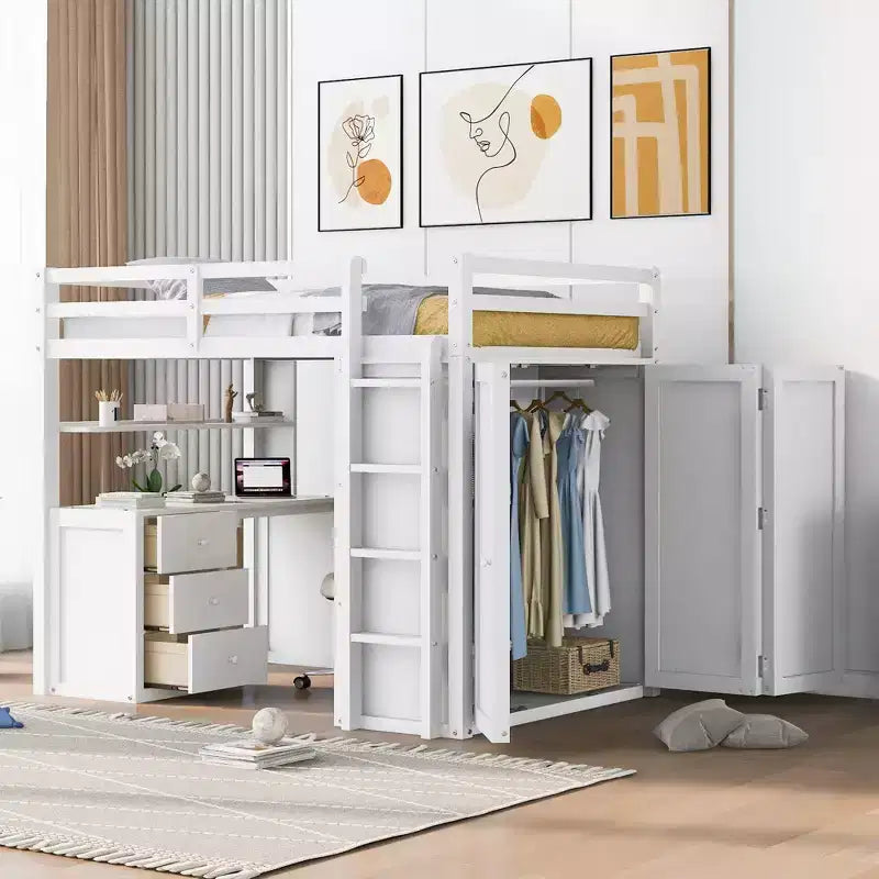 Lit mezzanine pleine grandeur avec 3 tiroirs de rangement, bureau et armoire
