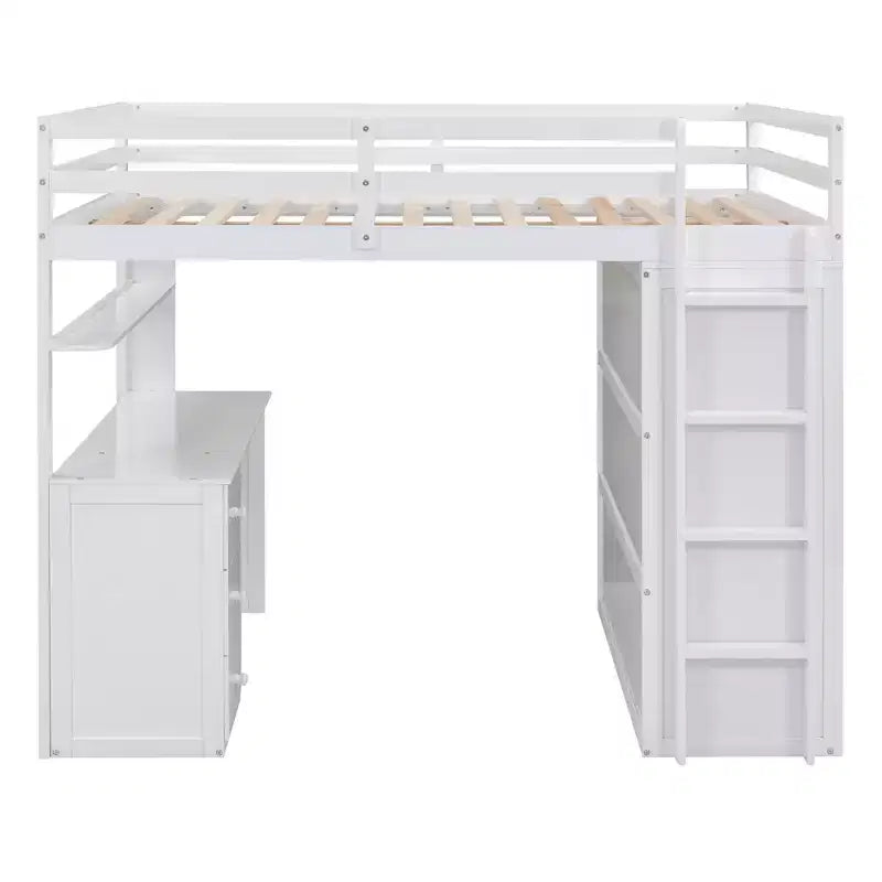 Lit mezzanine pleine grandeur avec 3 tiroirs de rangement, bureau et armoire