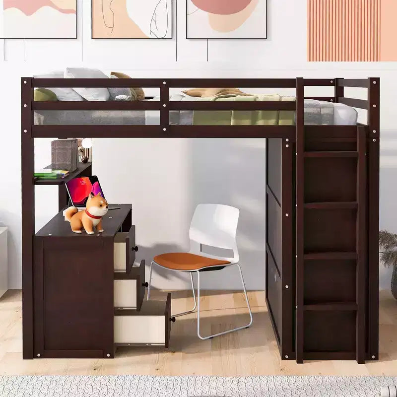 Lit mezzanine pleine grandeur avec 3 tiroirs de rangement, bureau et armoire