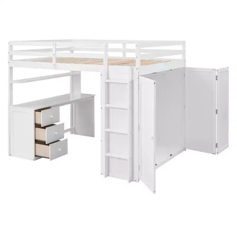Lit mezzanine pleine grandeur avec 3 tiroirs de rangement, bureau et armoire
