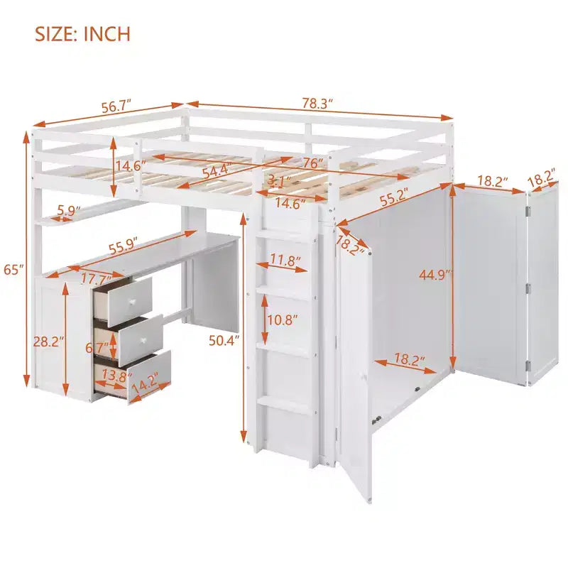 Lit mezzanine pleine grandeur avec 3 tiroirs de rangement, bureau et armoire