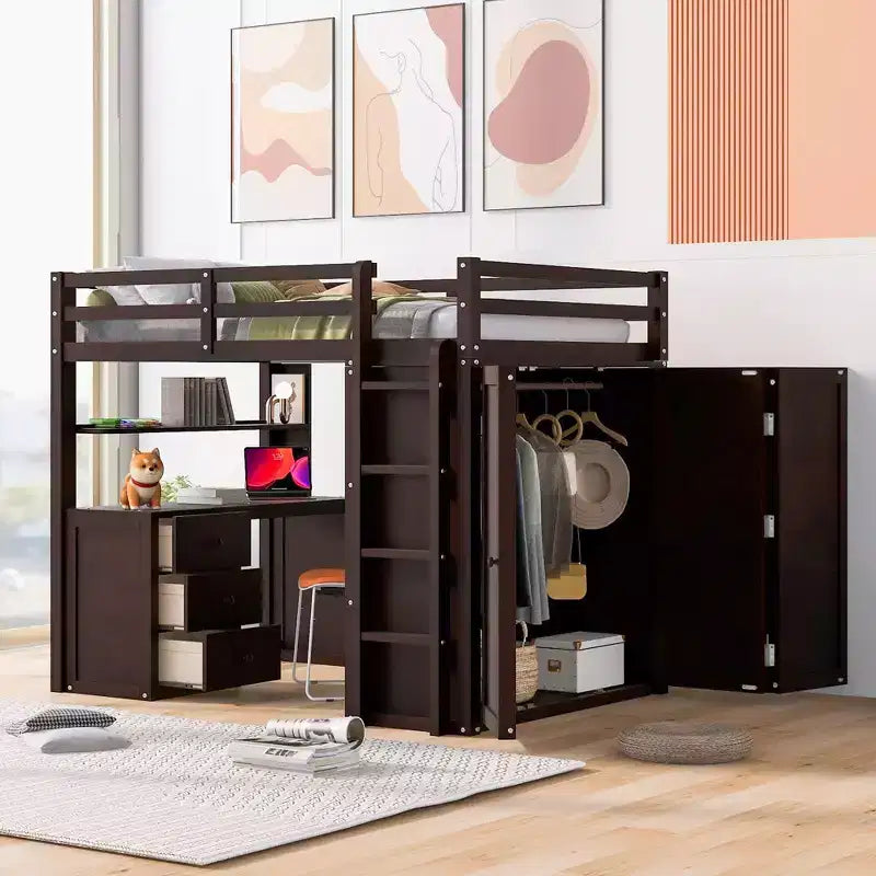Lit mezzanine pleine grandeur avec 3 tiroirs de rangement, bureau et armoire