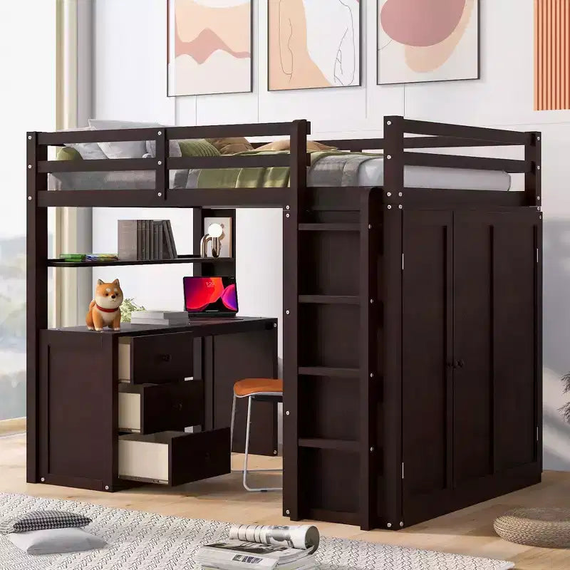 Lit mezzanine pleine grandeur avec 3 tiroirs de rangement, bureau et armoire