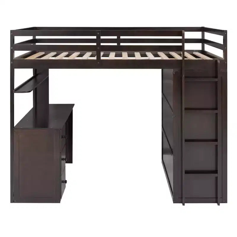 Lit mezzanine pleine grandeur avec 3 tiroirs de rangement, bureau et armoire