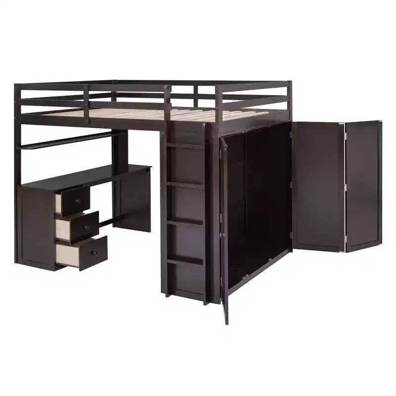 Lit mezzanine pleine grandeur avec 3 tiroirs de rangement, bureau et armoire