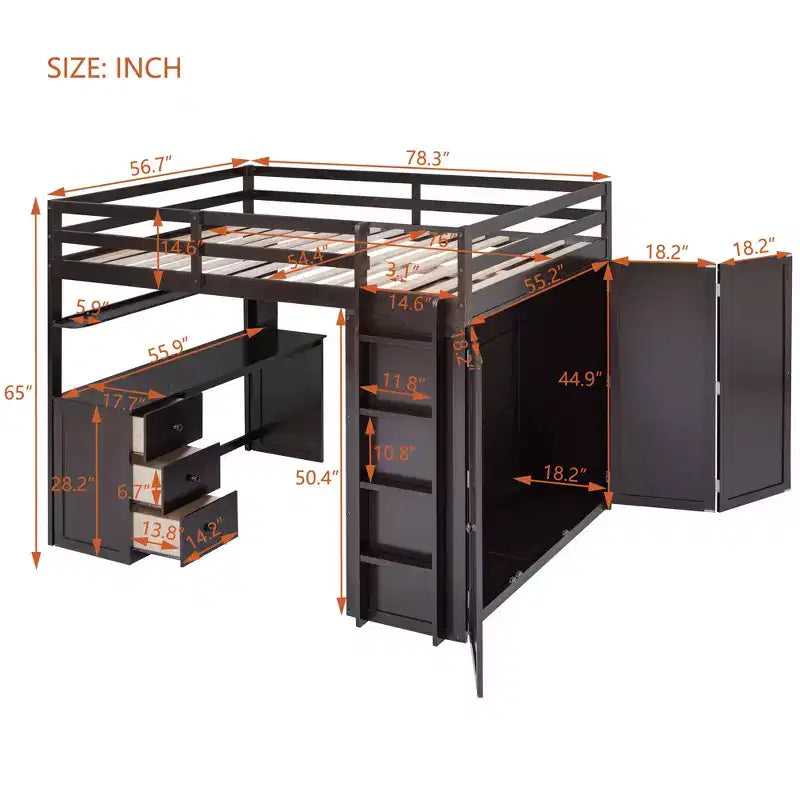 Lit mezzanine pleine grandeur avec 3 tiroirs de rangement, bureau et armoire