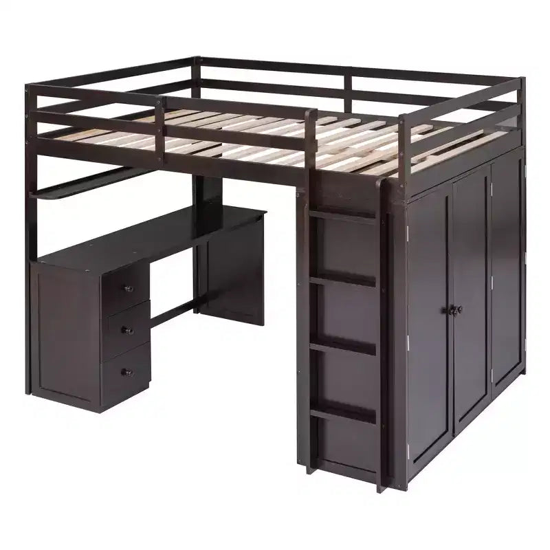 Lit mezzanine pleine grandeur avec 3 tiroirs de rangement, bureau et armoire