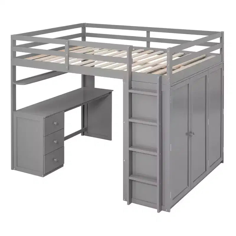 CLIHOME Full size Loft Bed with 3 Storage Drawers, Desk and Wardrobe