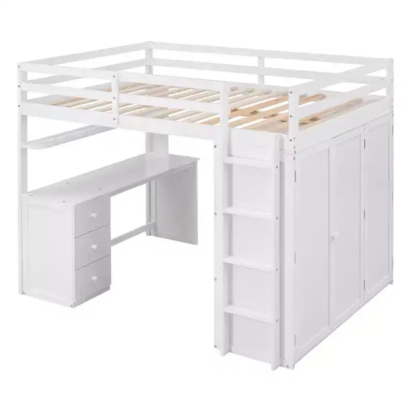 Lit mezzanine pleine grandeur avec 3 tiroirs de rangement, bureau et armoire