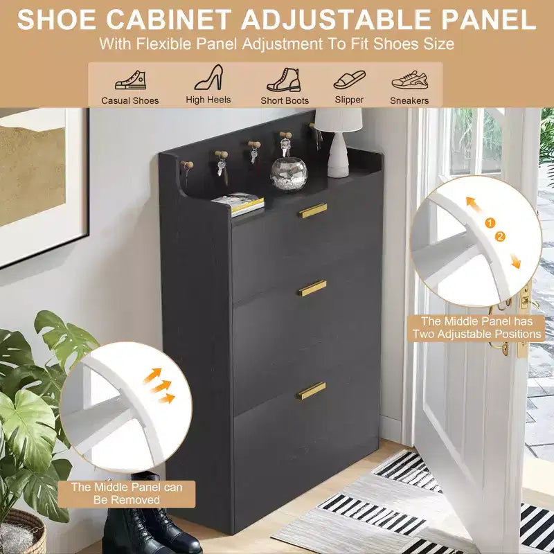 Meuble à chaussures avec 2 tiroirs basculants, meuble de rangement étroit et autonome avec crochets pour l'entrée ou le couloir, noir/blanc