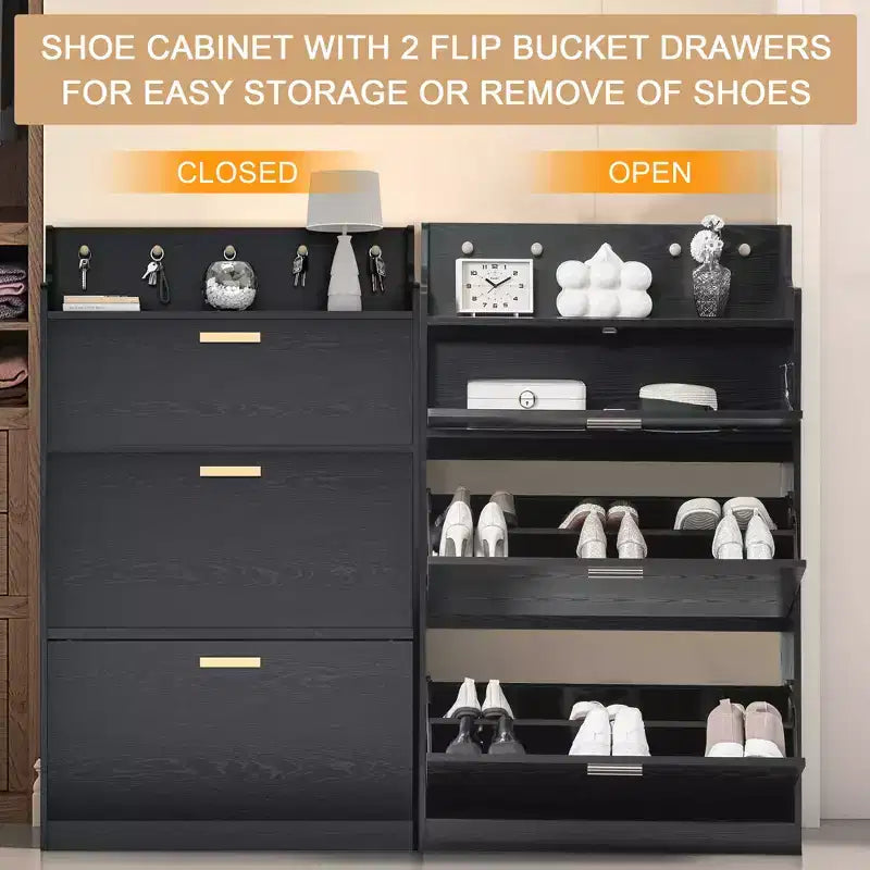 Meuble à chaussures avec 2 tiroirs basculants, meuble de rangement étroit et autonome avec crochets pour l'entrée ou le couloir, noir/blanc