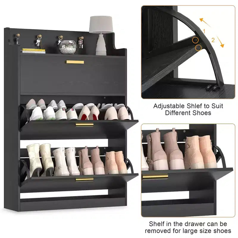 Meuble à chaussures avec 2 tiroirs basculants, meuble de rangement étroit et autonome avec crochets pour l'entrée ou le couloir, noir/blanc