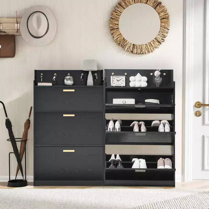Meuble à chaussures avec 2 tiroirs basculants, meuble de rangement étroit et autonome avec crochets pour l'entrée ou le couloir, noir/blanc